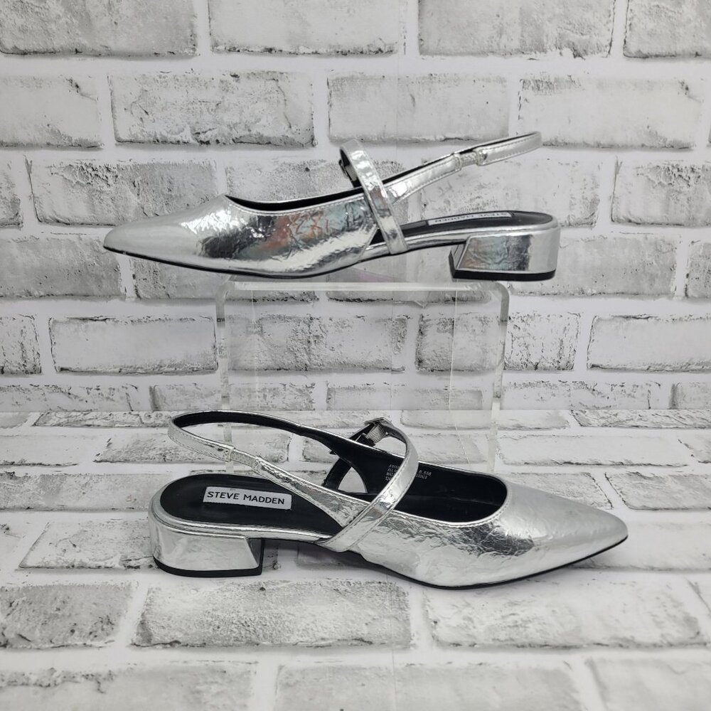 Pristine Steve Madden Anyaa Crinkle Silver Sling Back Pointed Toe Flats Size 8.5 - Picture 4 of 6